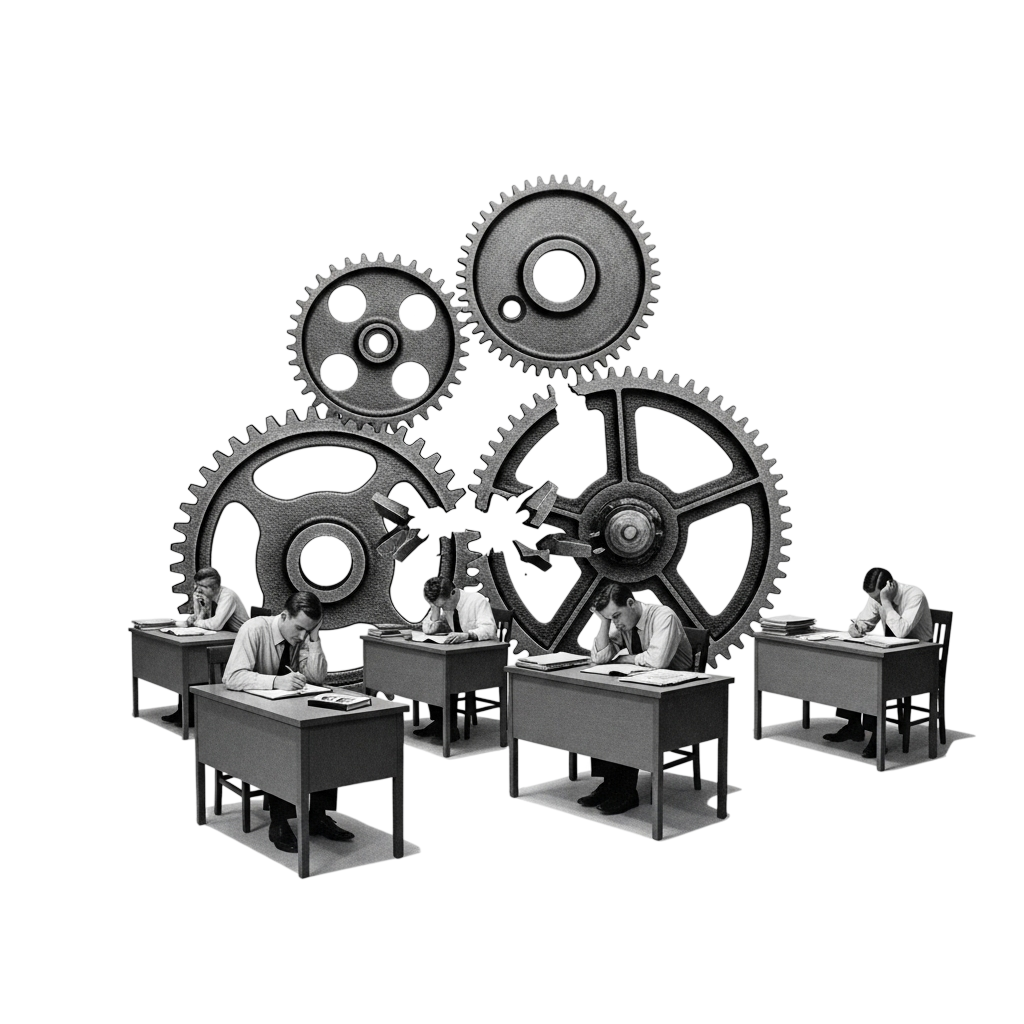 Mitarbeitende an Schreibtischen vor ineinandergreifenden Zahnrädern als Symbol für komplexe und ineffiziente Arbeitsprozesse