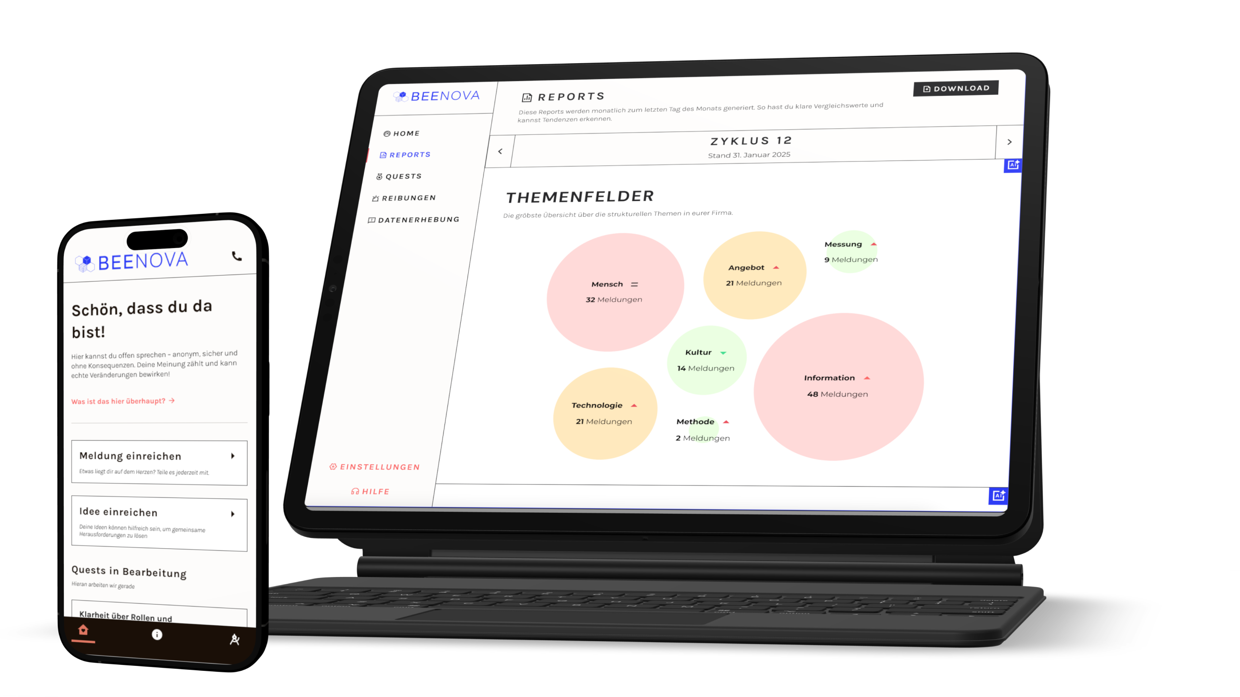 Laptop und Smartphone zeigen die Braintools-Plattform mit Dashboard und mobiler App zur Analyse von Themen und Engpässen im Unternehmen