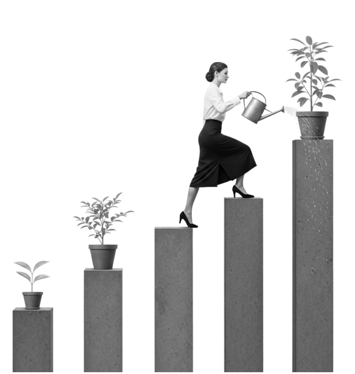 Frau gießt Pflanze auf ansteigenden Podesten als Symbol für Wachstum und Entwicklung