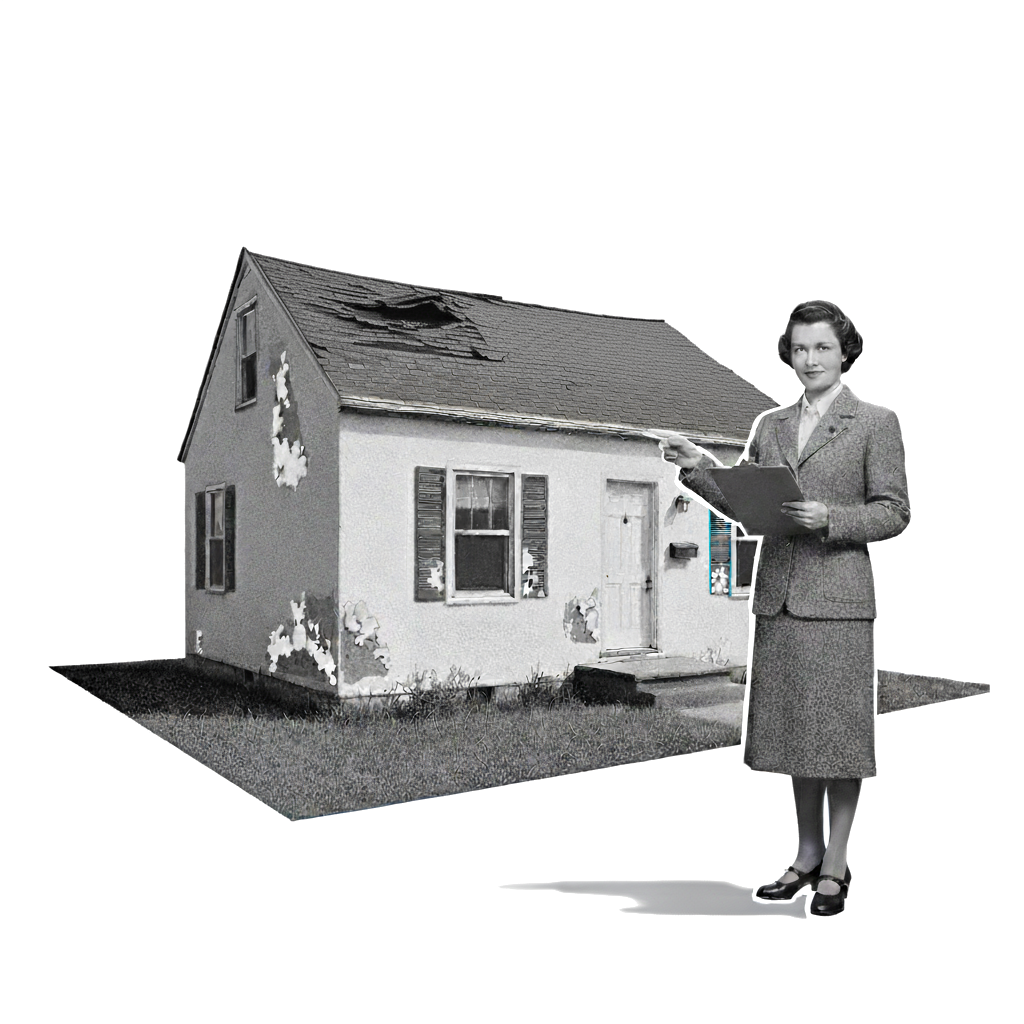 Frau zeigt auf ein beschädigtes Haus als Symbol für verborgene Probleme und Sanierungsbedarf in Organisationen