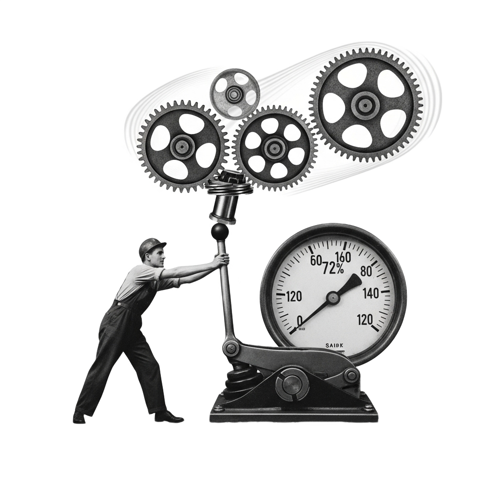 Mann betätigt einen Hebel, der Zahnräder und ein Manometer bewegt, als Symbol für gezielte Einflussnahme und Prozessoptimierung