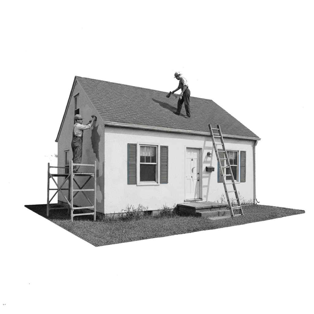 Mehrere Personen reparieren ein Hausdach als Symbol für das gemeinsame Lösen von Problemen und das Beseitigen von Reibungen im Arbeitsalltag